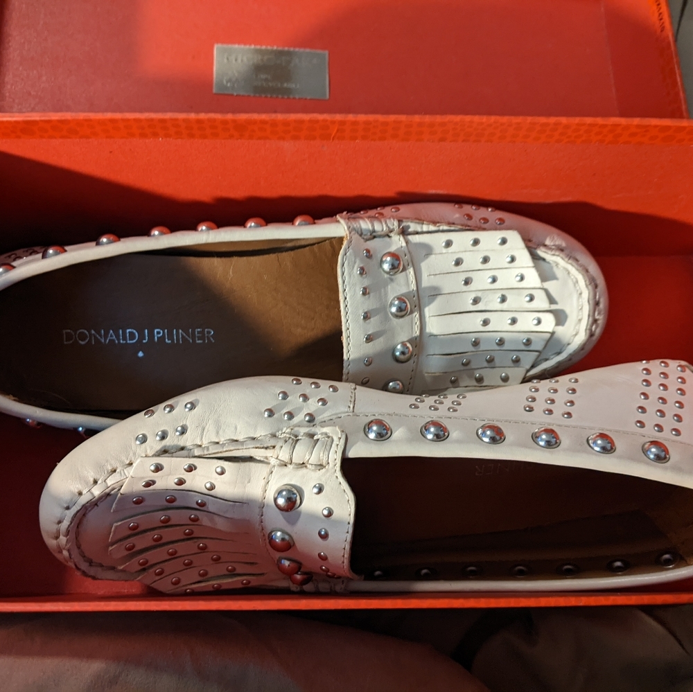 Donald J Pilner Cream Calf Loafers with Silver Studs- Spring 2015, Size 5